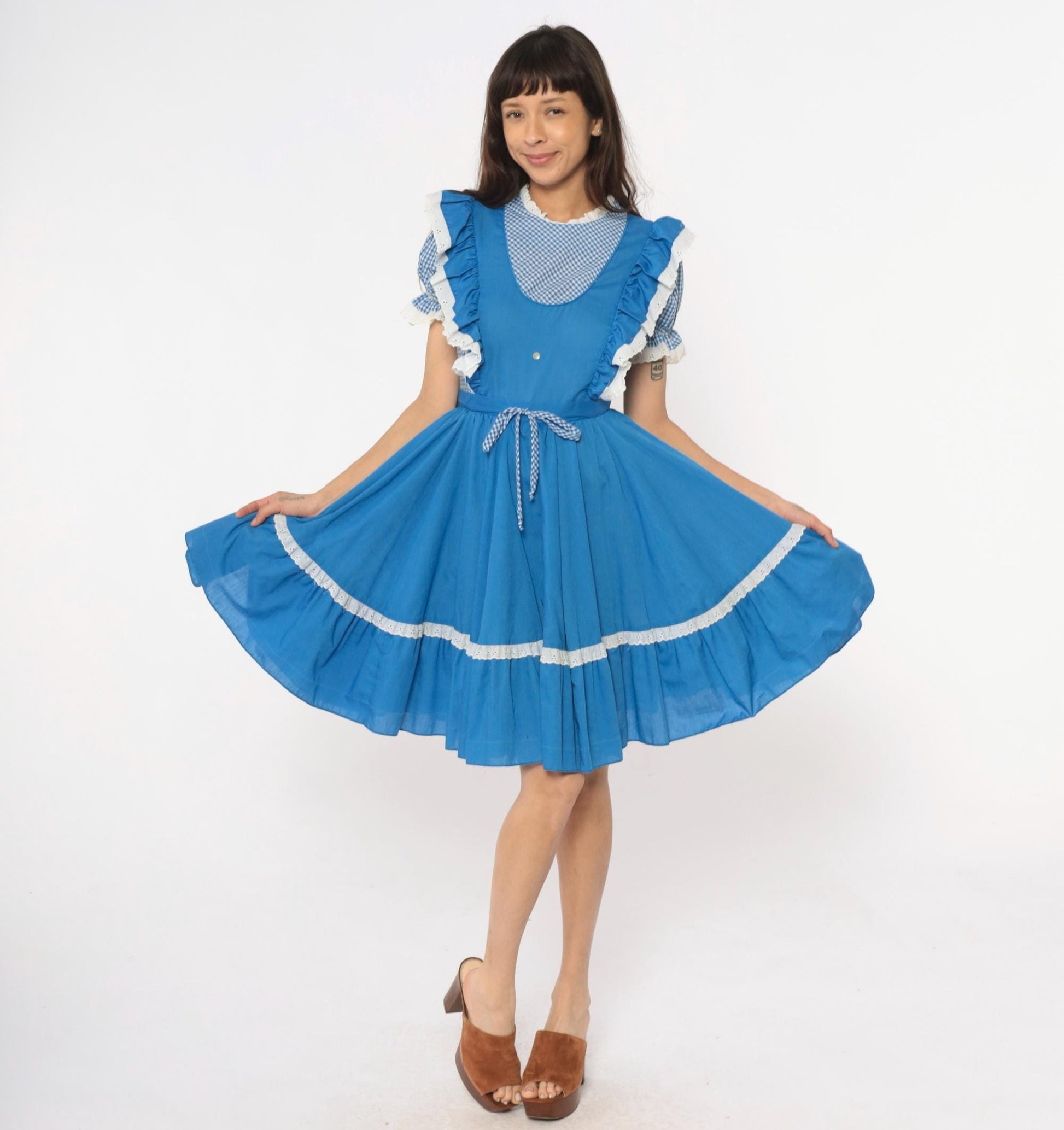 80s Jeri Bee Blue Gingham Pinafore Dress Eyelet Lace Puff Sleeve Small Medium