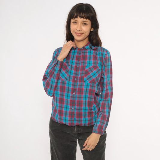 80s Quality Fashion Plaid Button-Up Blouse Teal Magenta Check Pointed Collar Large L