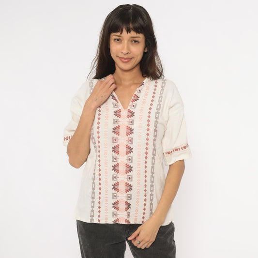 90s Cream Embroidered Blouse Cotton V-Neck Puff Sleeve Pullover Small S