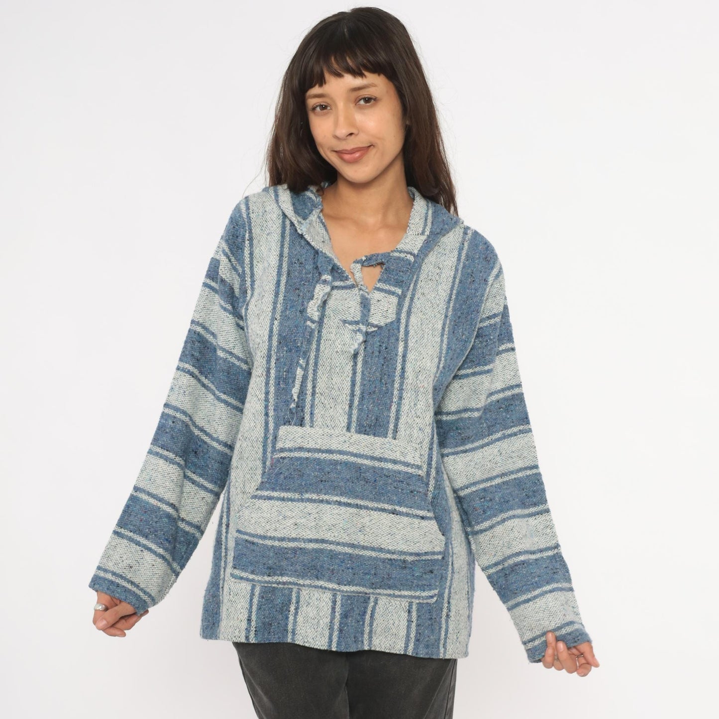 2000s Yarina Threads Blue Striped Baja Hoodie Woven Pullover Medium M