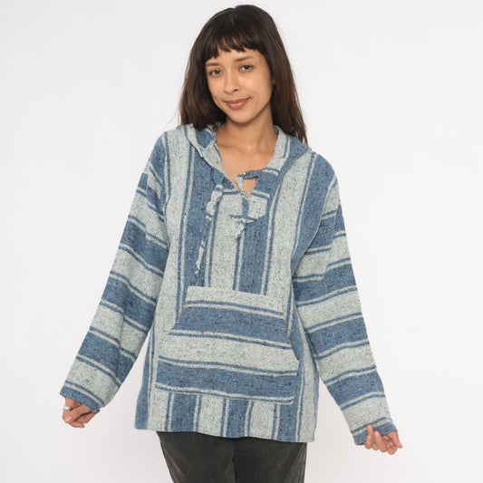 2000s Yarina Threads Blue Striped Baja Hoodie Woven Pullover Medium M
