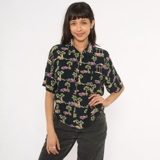 90s Classic Cars Hawaiian Shirt Black Pink Yellow Palm Tree Camp Collar XS