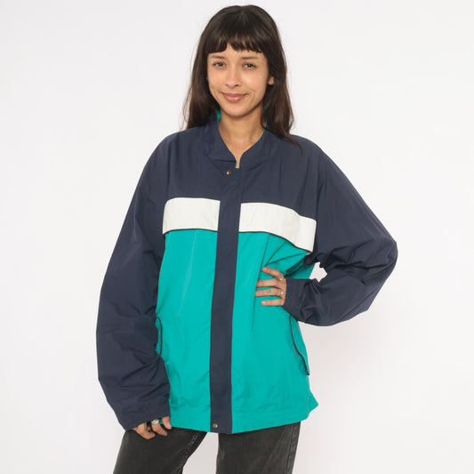 90s Tourney Colorblock Windbreaker Teal Navy White Snap Jacket Extra Large XL