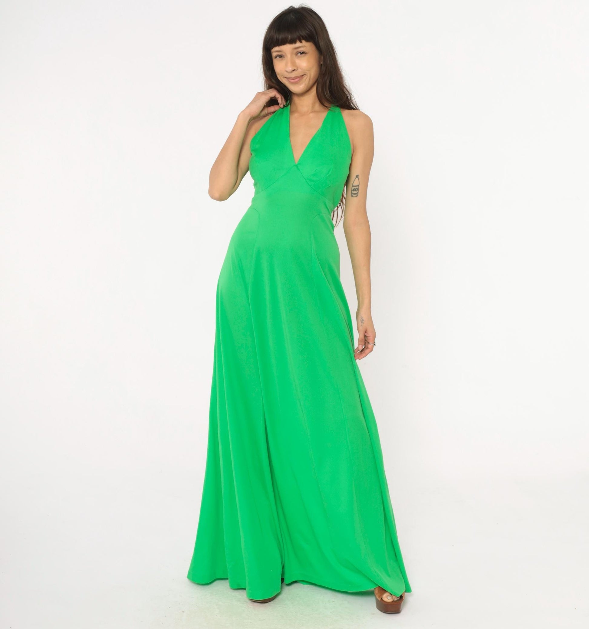 70s Green Halter Maxi Dress Deep V Neck Tie Waist Empire A-Line Medium