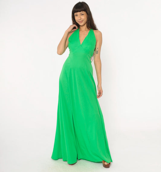 70s Green Halter Maxi Dress Deep V Neck Tie Waist Empire A-Line Medium