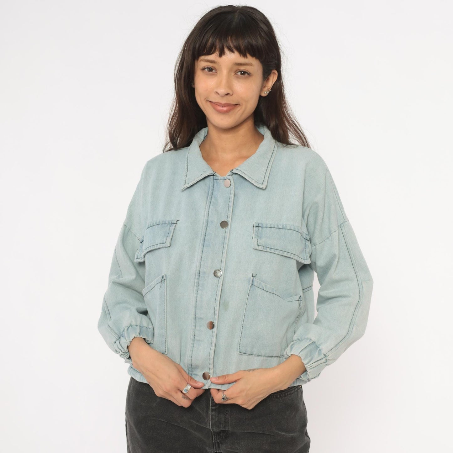 2000s Wang Luo Niu Za Light Wash Denim Crop Jacket Powder Blue Small S