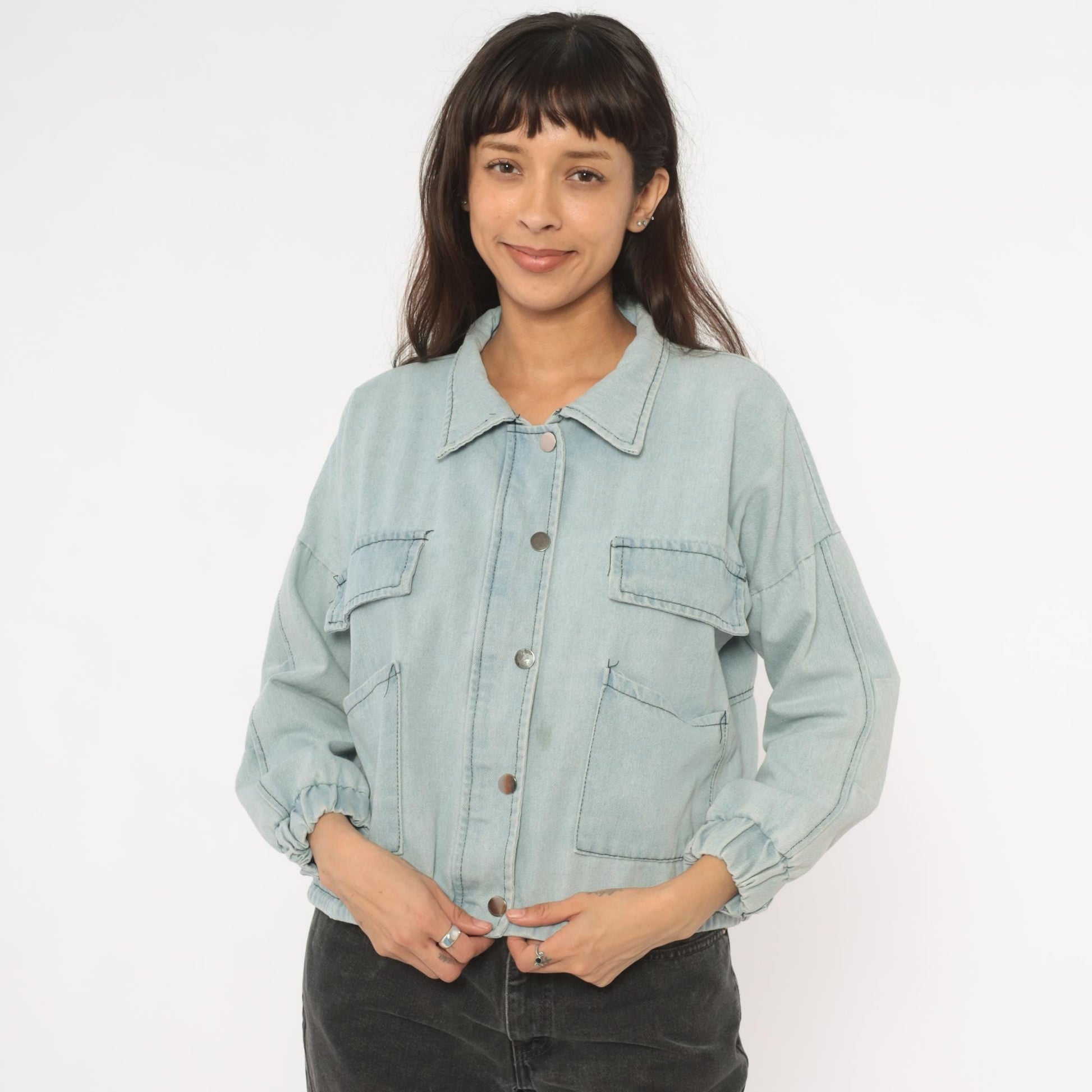 2000s Wang Luo Niu Za Light Wash Denim Crop Jacket Powder Blue Small S