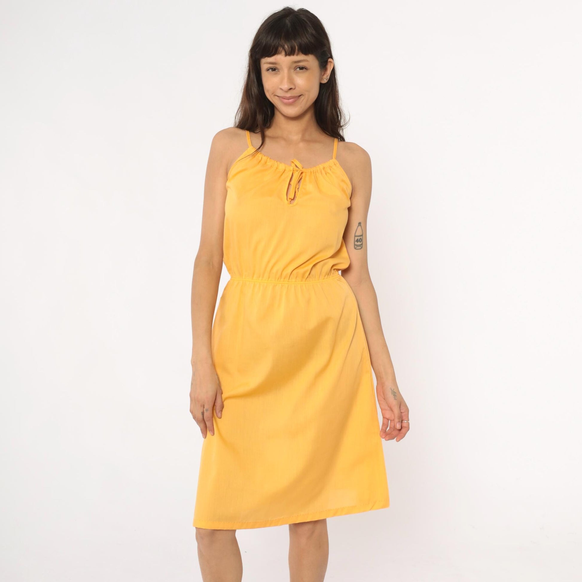 70s Yellow Spaghetti Strap Sundress Tie Neck Knee-Length Small Medium