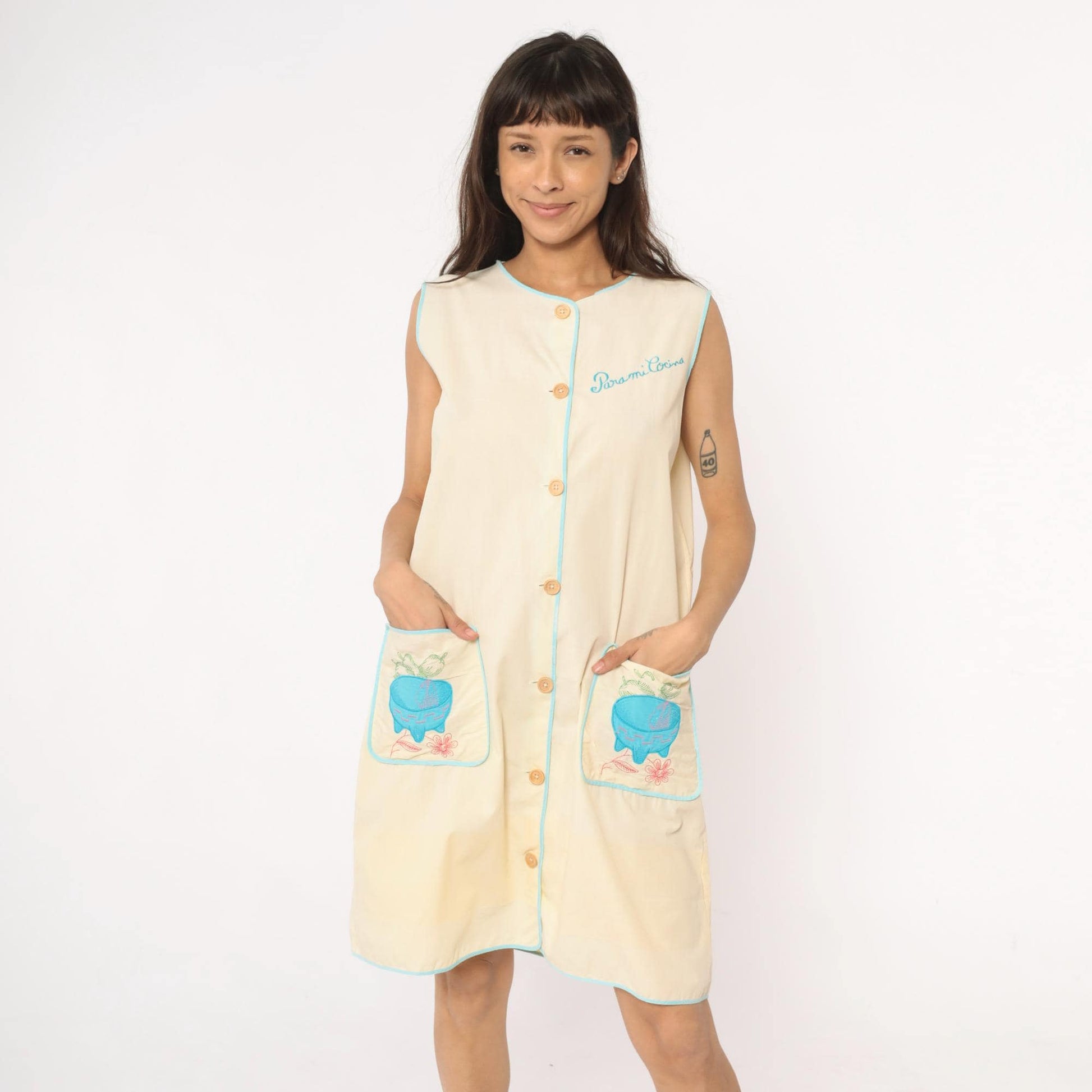 80s Yellow Cotton House Dress Para Mi Cocina Embroidered Molcajete Medium