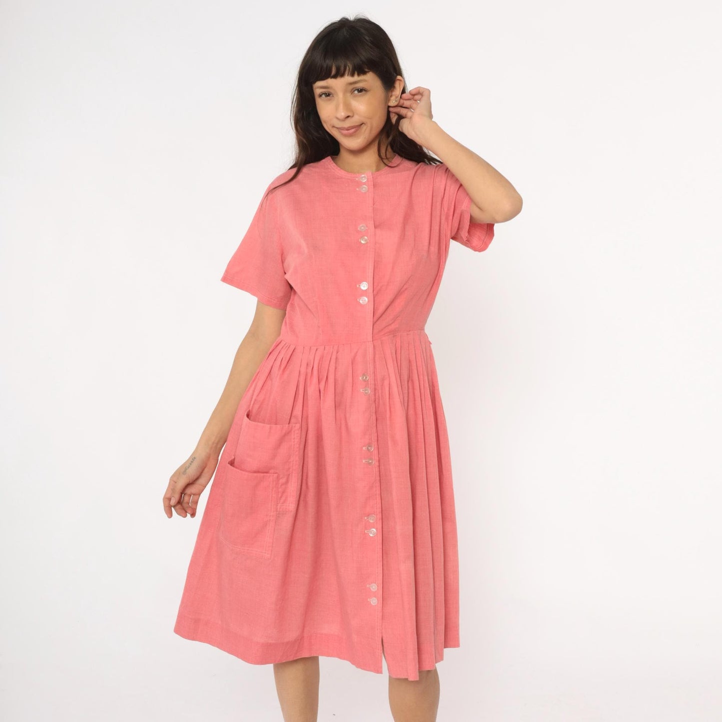 70s Coral Pink Cotton Day Dress Button Front Gathered Skirt Pockets Medium Large