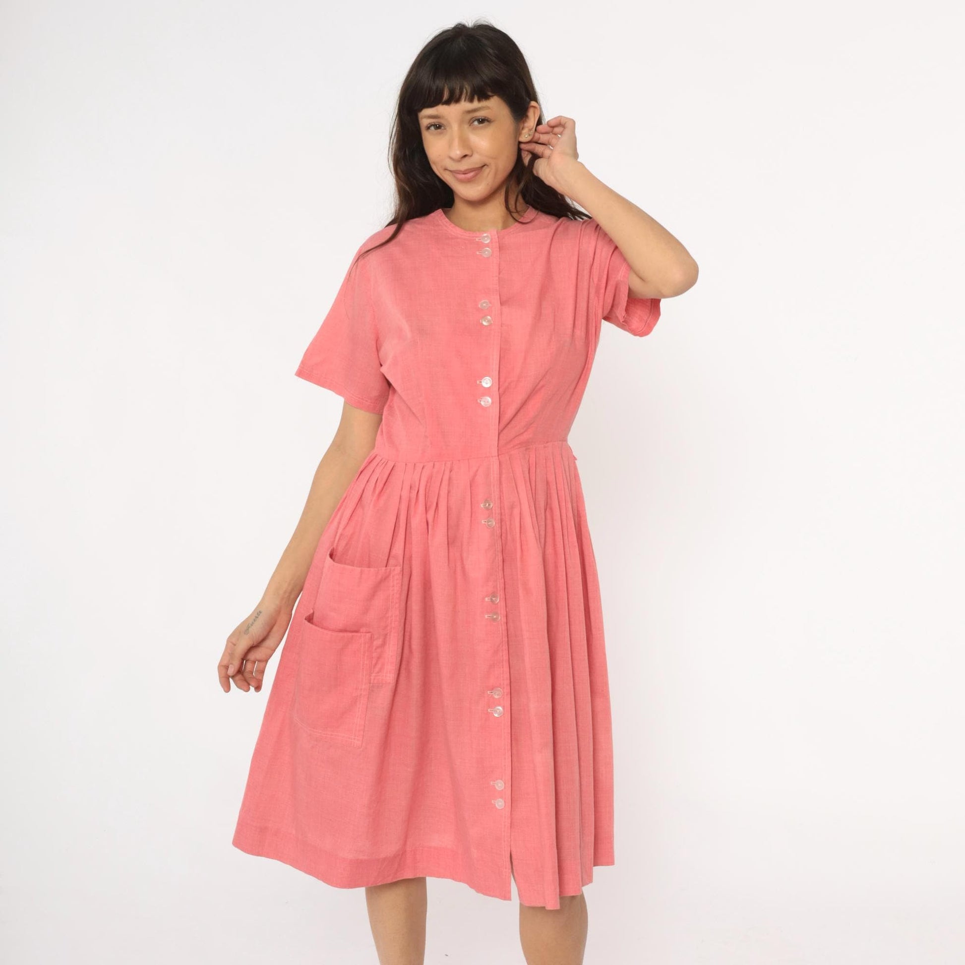 70s Coral Pink Cotton Day Dress Button Front Gathered Skirt Pockets Medium Large