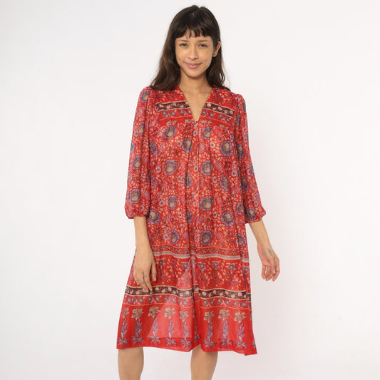 70s Floral Shift Dress Red Coral V-Neck Knee Length Three-Quarter Sleeve Medium Large