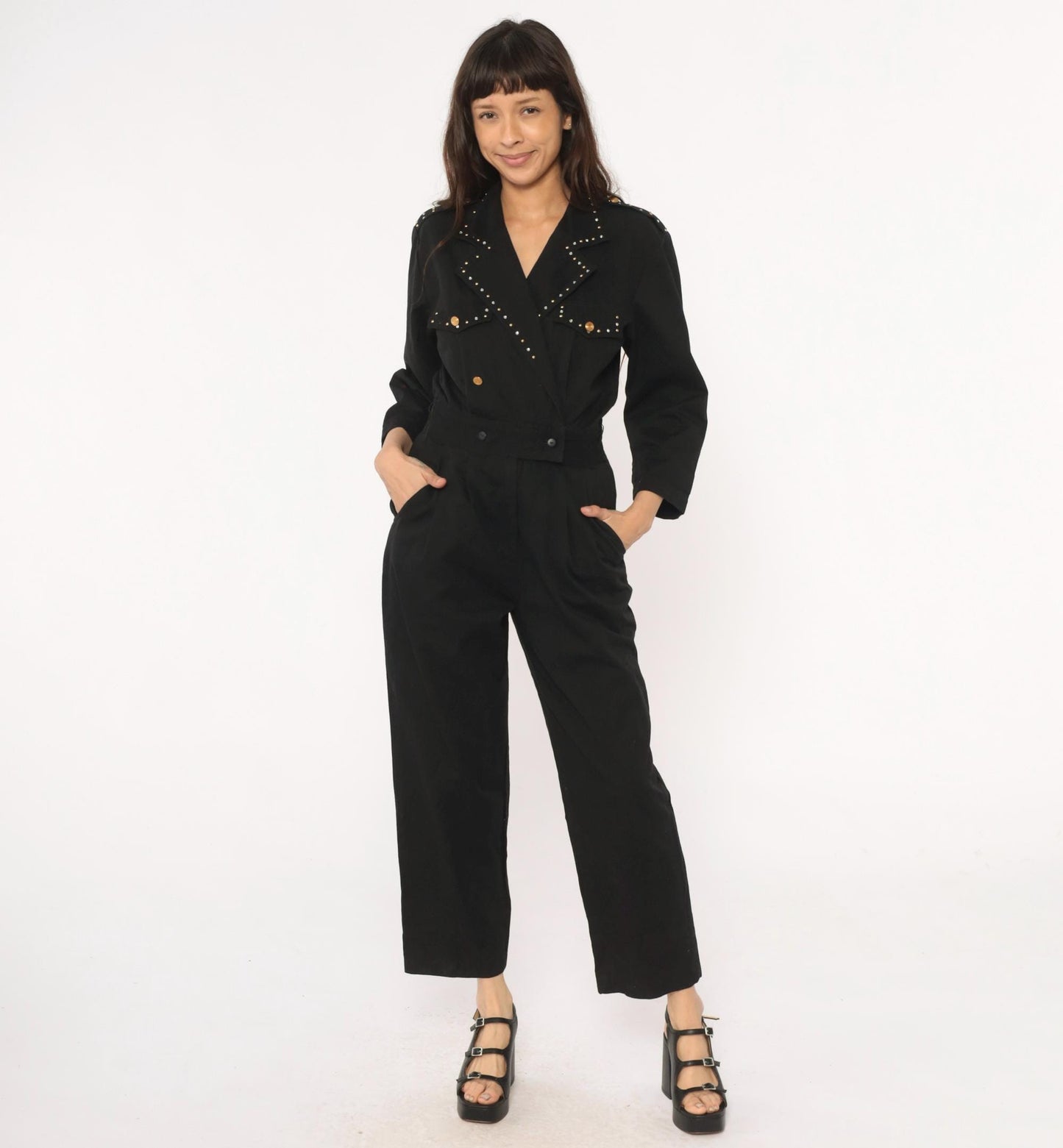 90s D Frank Black Cotton Jumpsuit Rhinestone V-Neck Wide Leg Small S