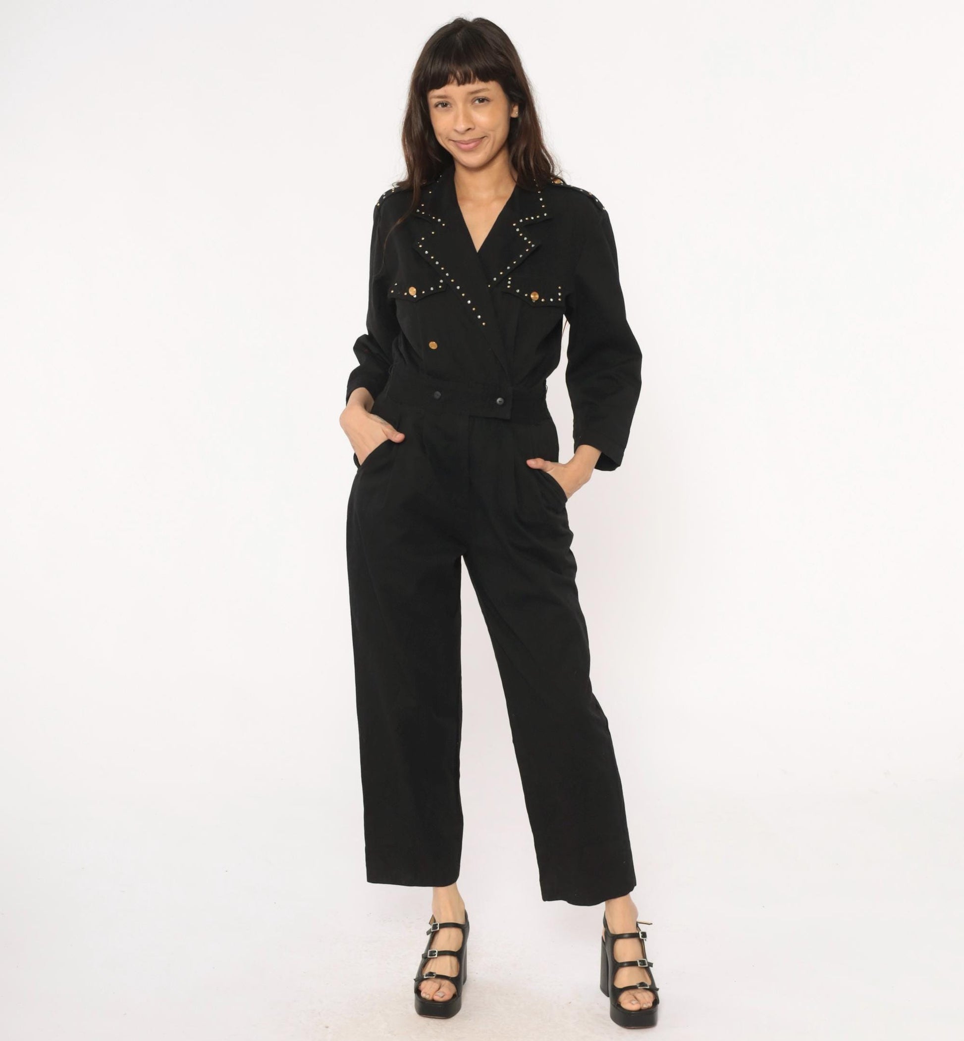 90s D Frank Black Cotton Jumpsuit Rhinestone V-Neck Wide Leg Small S