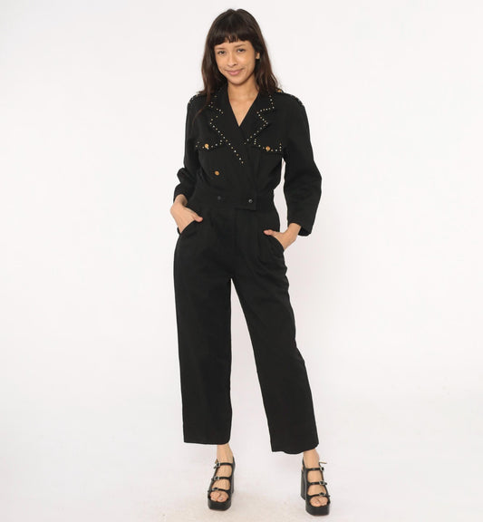 90s D Frank Black Cotton Jumpsuit Rhinestone V-Neck Wide Leg Small S
