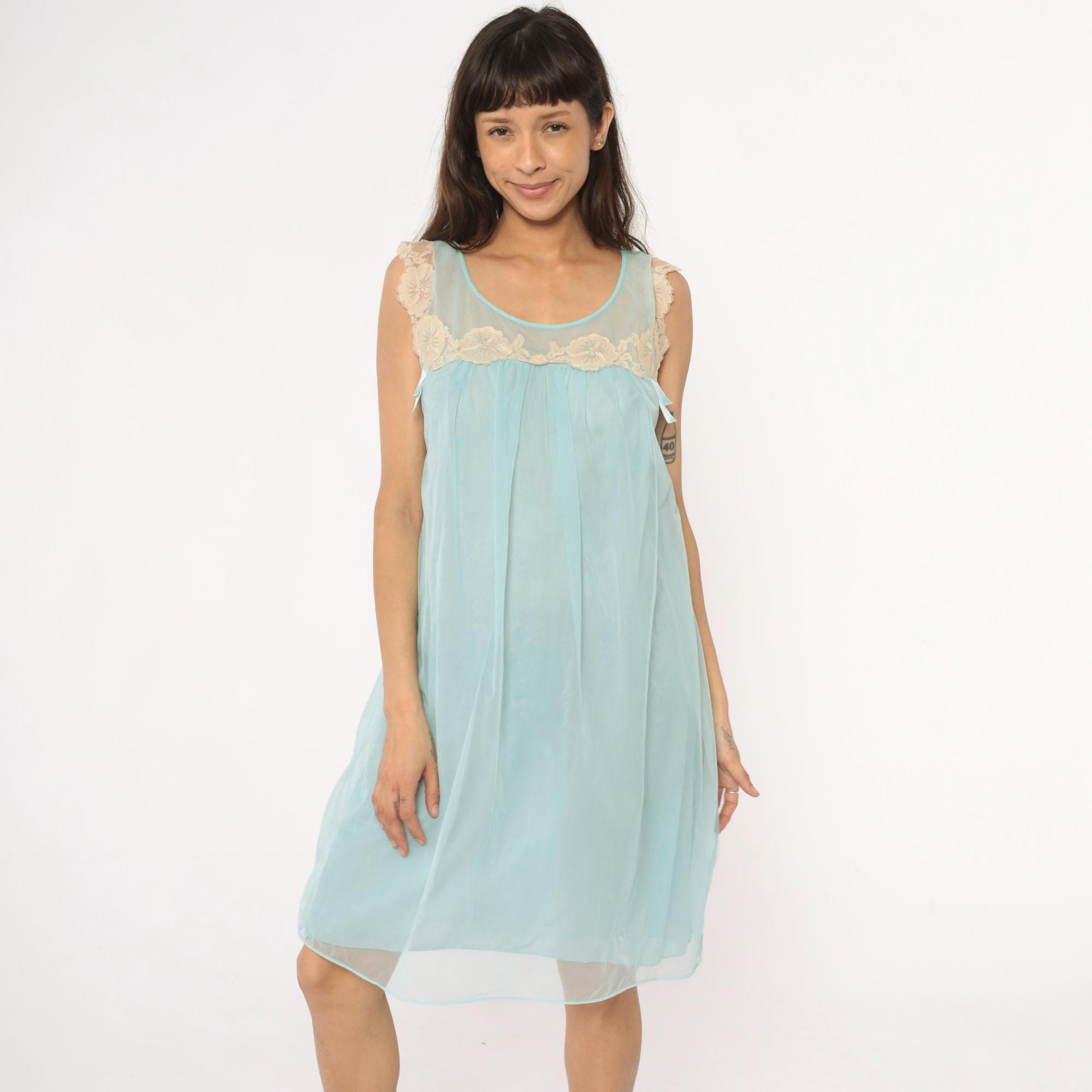 70s Aqua Babydoll Nightgown Sheer Lace Empire Waist Negligee Medium