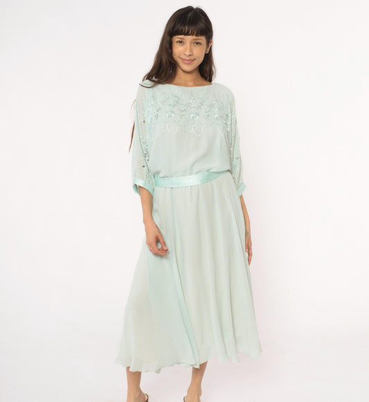 80s Ursula Mint Green Midi Dress Embroidered Floral Cutwork Sheer Large