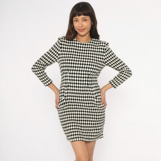 90s Jackie Bernard Checkerboard Mini Dress Black Cream Diamond Pattern Small S