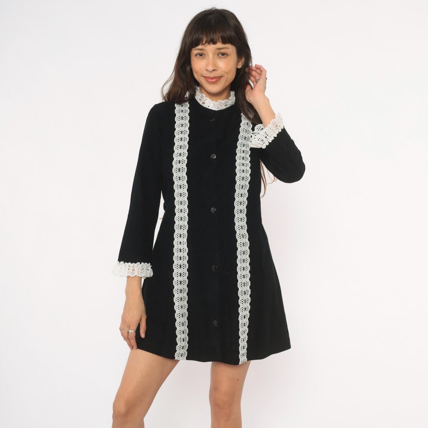 70s Black Velvet Mini Dress White Lace Trim High Neck Button Front A-Line Small S