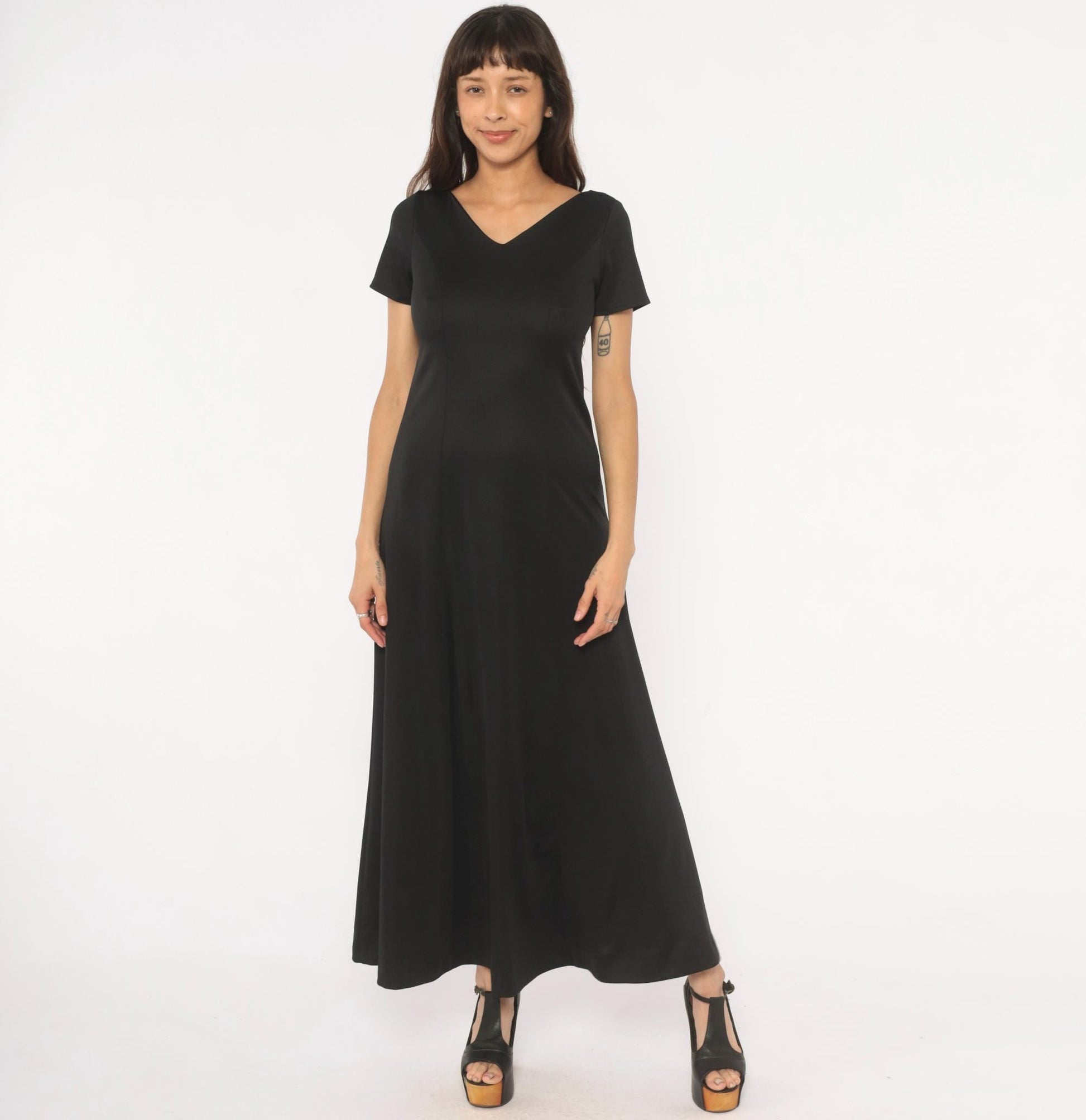 90s Black Maxi Dress V Neck Short Sleeve A Line Formal Gown Small S