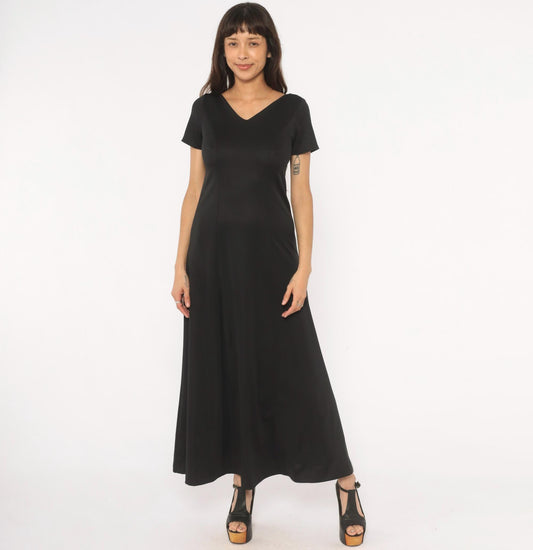 90s Black Maxi Dress V Neck Short Sleeve A Line Formal Gown Small S
