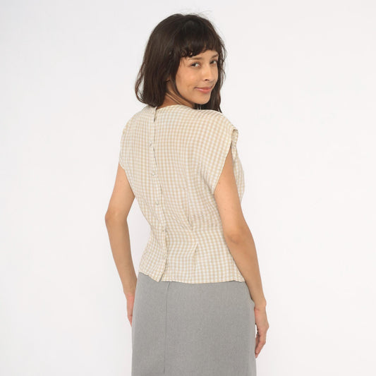 80s Componix Gingham Cap Sleeve Blouse Tan White Pintuck Peplum Medium