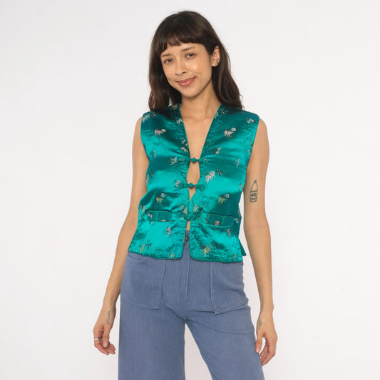 80s Esme Teal Satin Brocade Vest Floral Embroidered Frog Button Sleeveless Extra Small