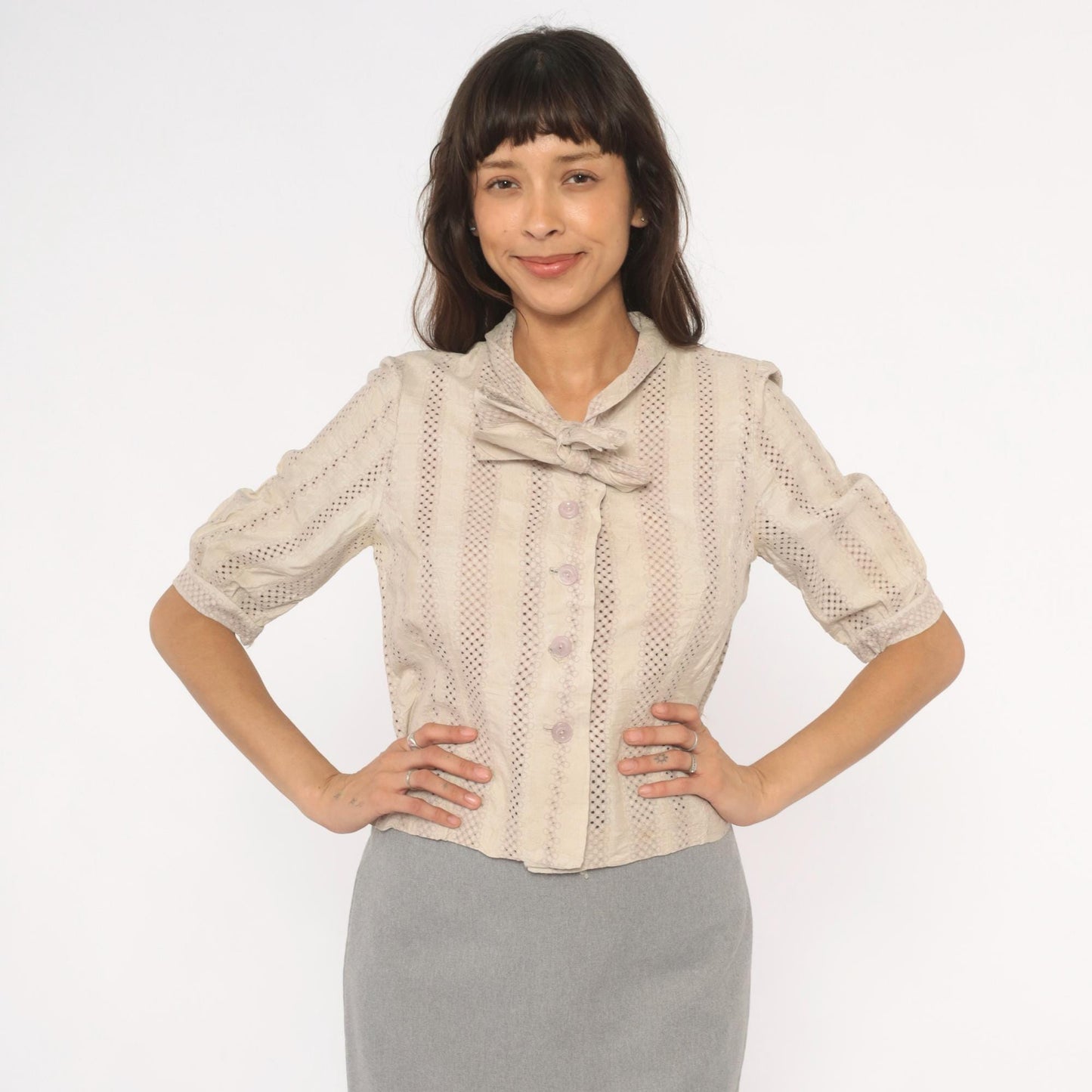 70s Cream Eyelet Blouse Puff Sleeve Bow Collar Button Front Small