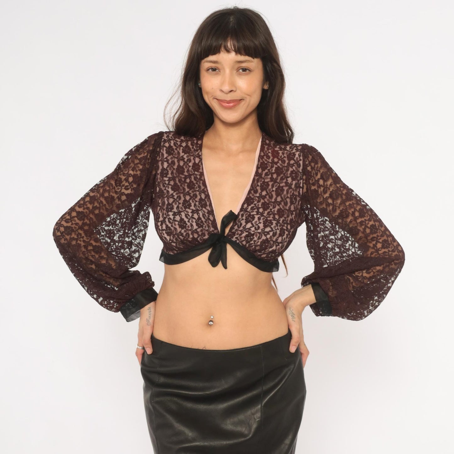 70s Rovel of California Black Lace Crop Top Tie Front Deep V Neck Bishop Sleeve Small