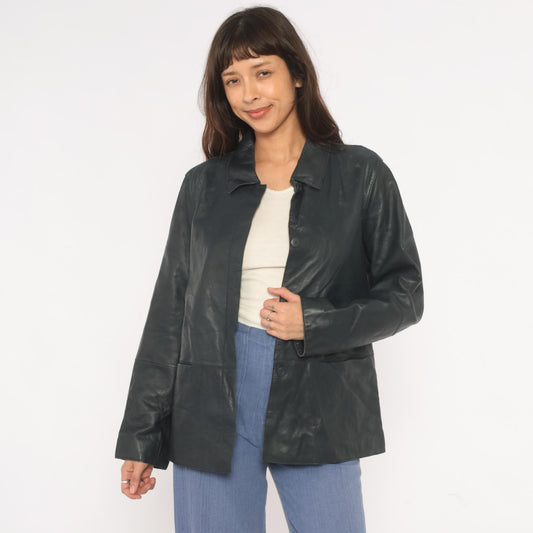 90s Katherine Kelly Black Lambskin Leather Jacket Button Front Large L