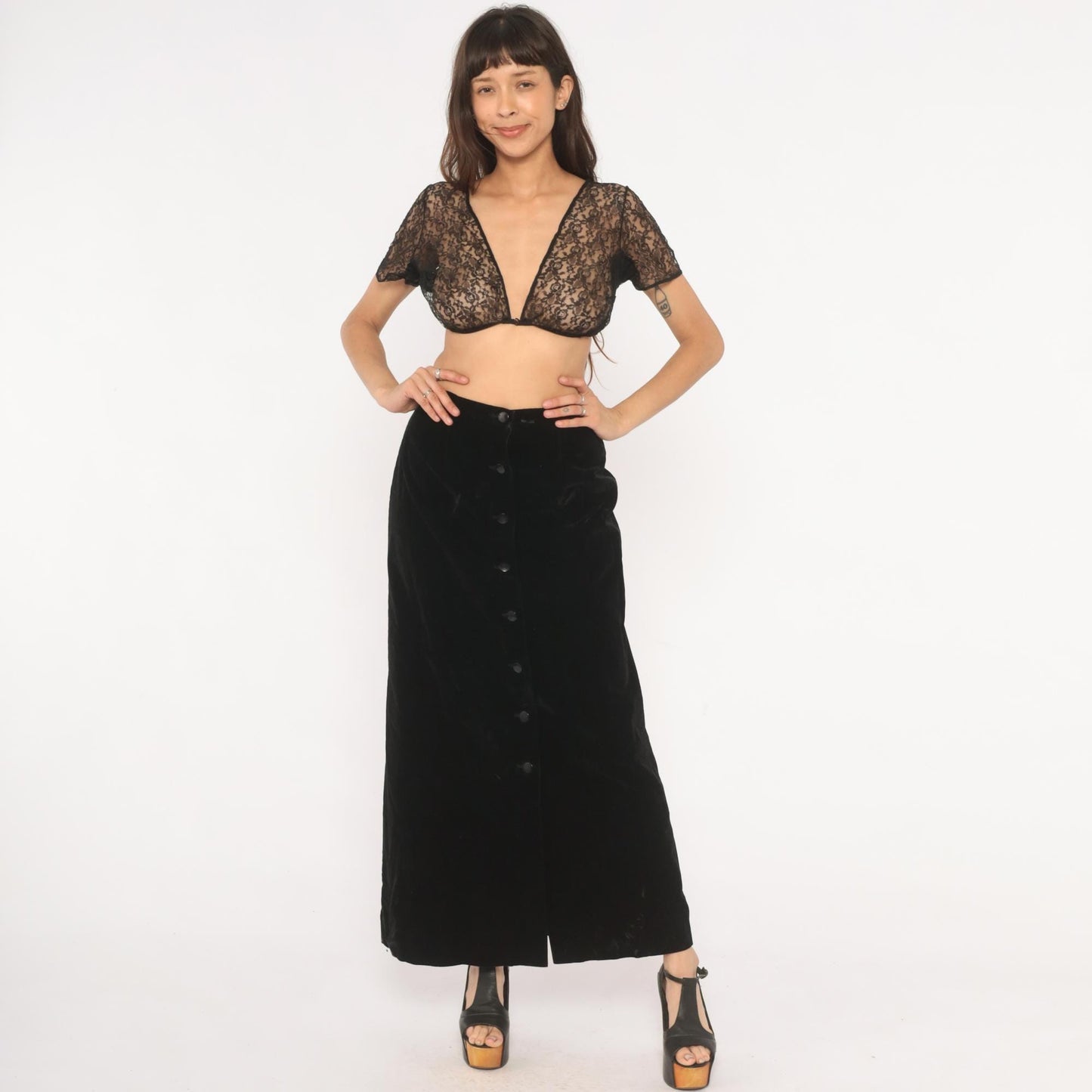 90s Black Velvet Maxi Skirt Button Front A-Line High Waist Small S
