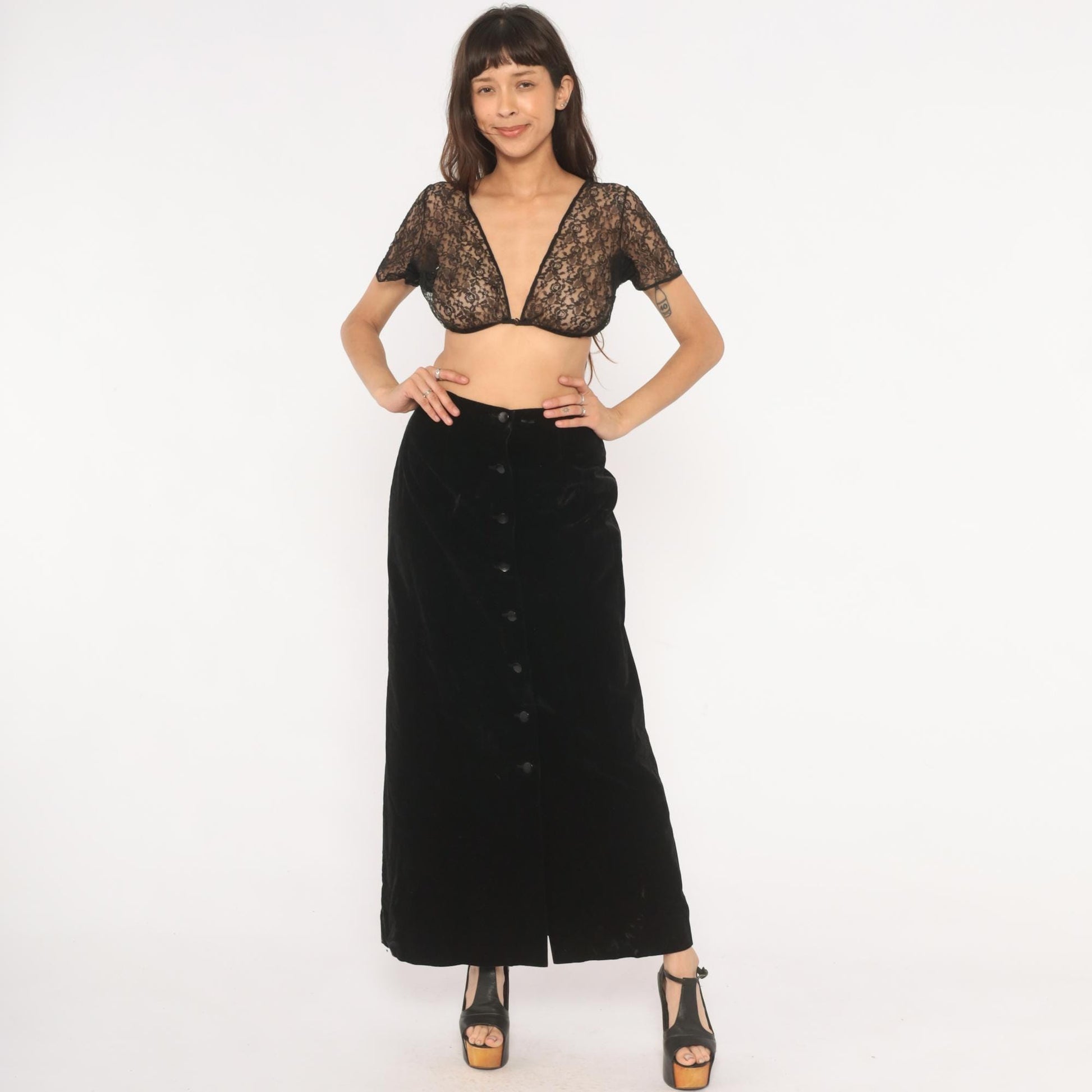 90s Black Velvet Maxi Skirt Button Front A-Line High Waist Small S