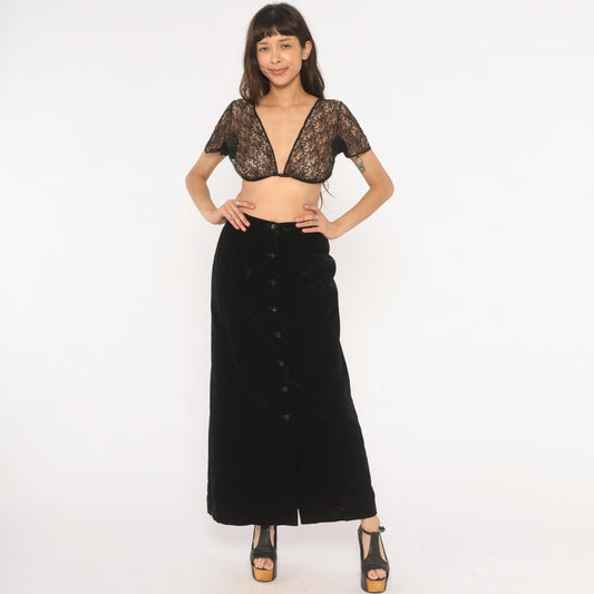90s Black Velvet Maxi Skirt Button Front A-Line High Waist Small S