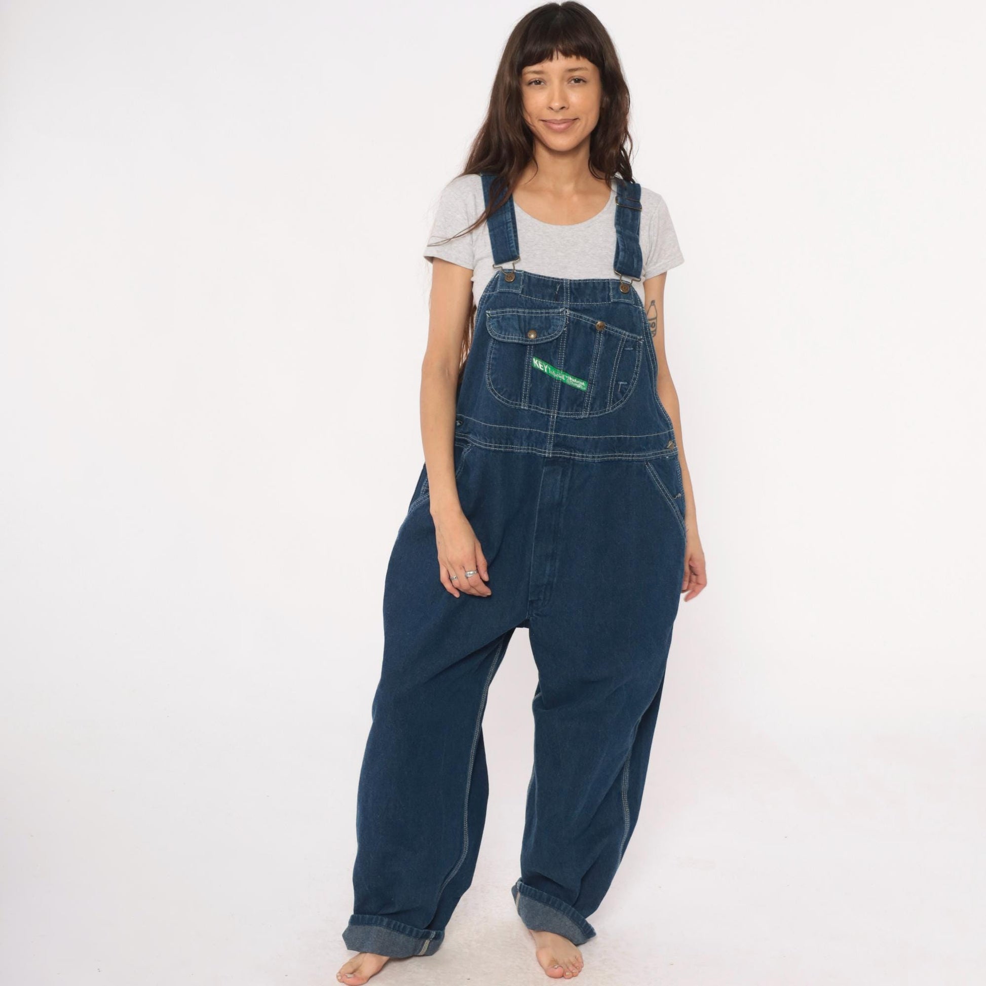 90s Key Imperial Navy Denim Overalls Cargo Pockets Utility Extra Large XL