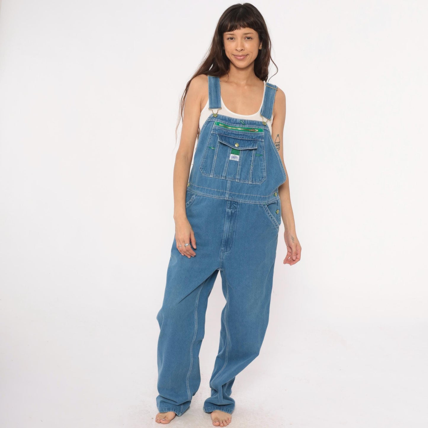 90s Liberty Denim Overalls Blue Green Stitching Unisex Medium