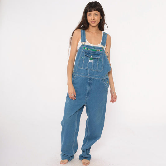 90s Liberty Denim Overalls Blue Green Stitching Unisex Medium