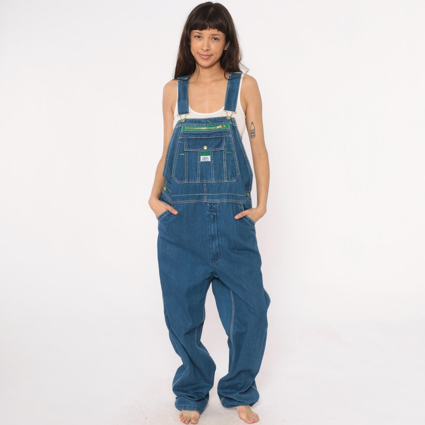 Y2K Liberty Medium Blue Denim Overalls Green Trim Zippered Bib Extra Large