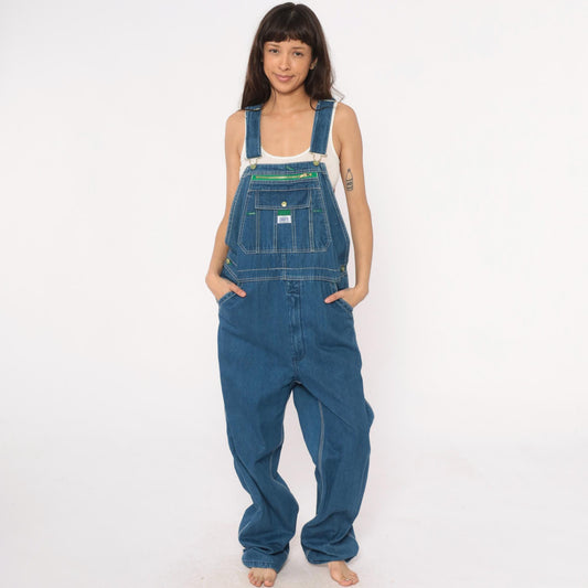 Y2K Liberty Medium Blue Denim Overalls Green Trim Zippered Bib Extra Large