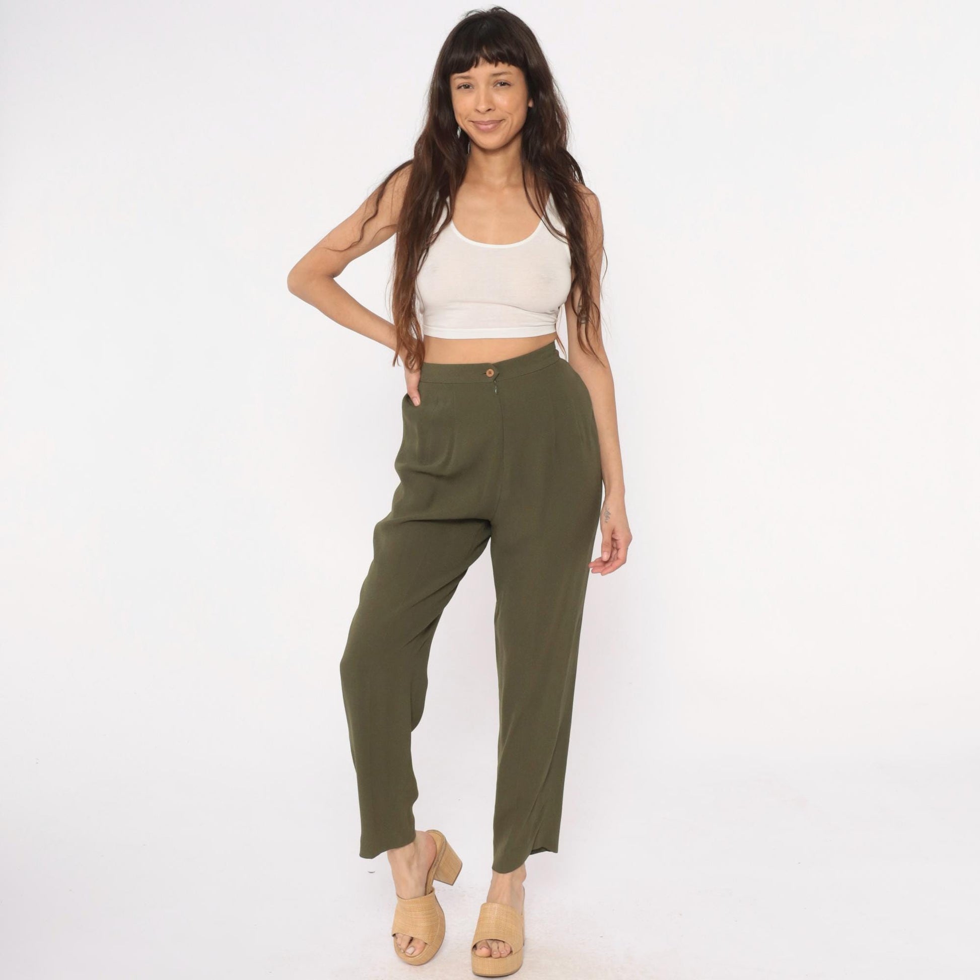 90s Zelda Olive Green High-Waisted Pleated Trousers Small S