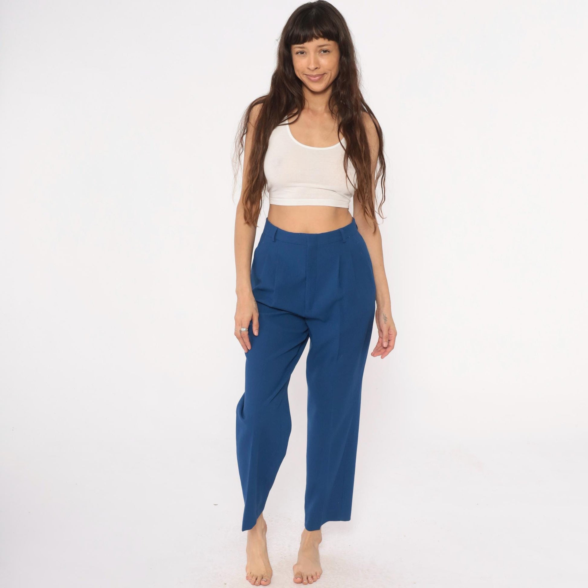 70s Haggar Navy Pleated High-Waist Trousers Ankle Length Medium