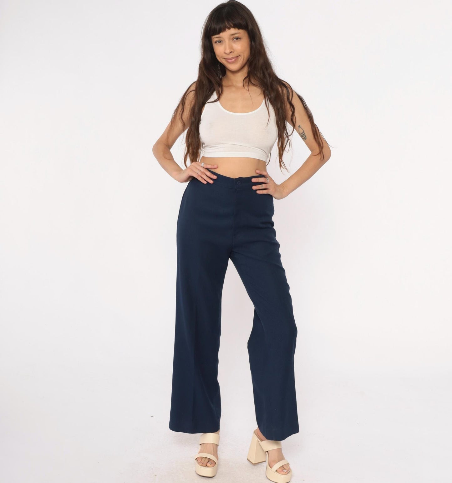 70s Levi Strauss High-Waisted Wide-Leg Navy Trousers Small