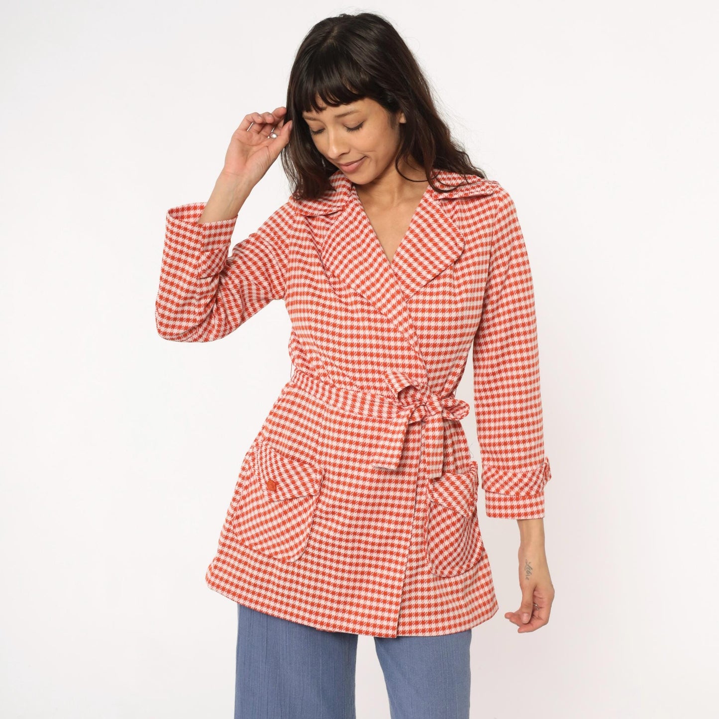70s Houndstooth Wrap Jacket Red White Checkered Collared Blazer Medium
