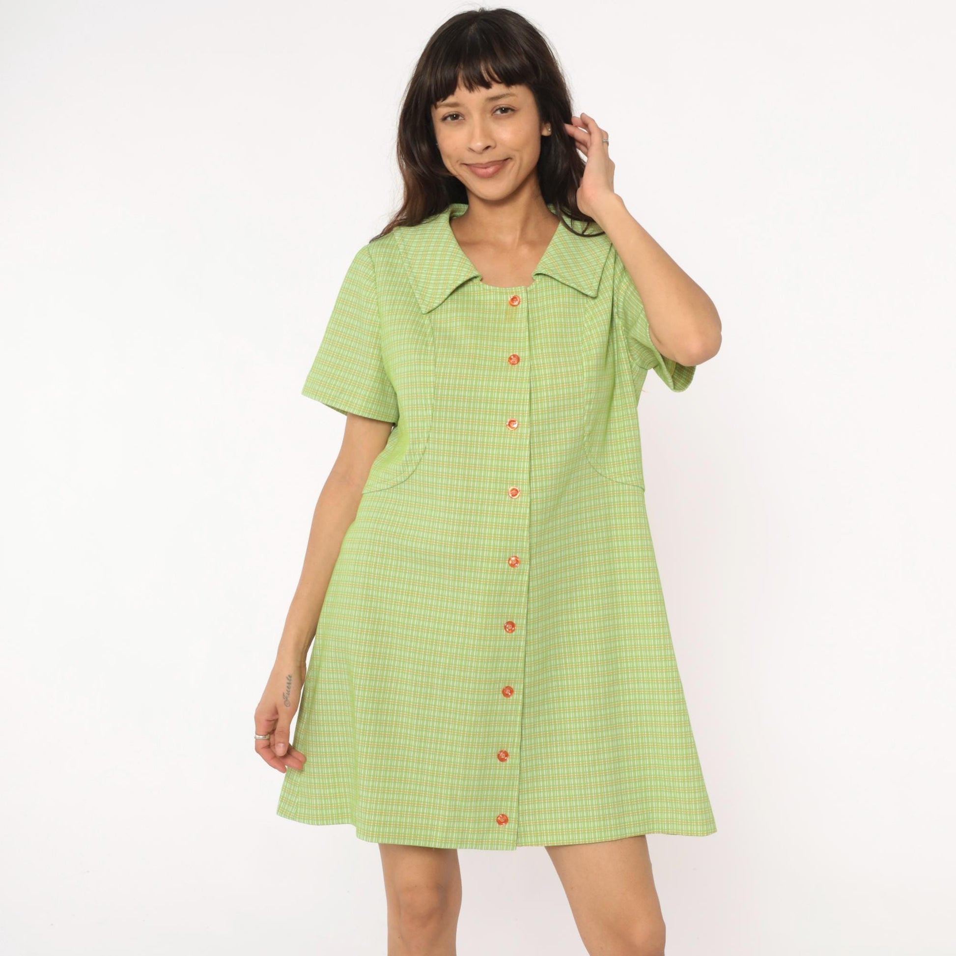 70s Green Yellow Checkered Mini Shift Dress Pointed Collar Short Sleeve Large L