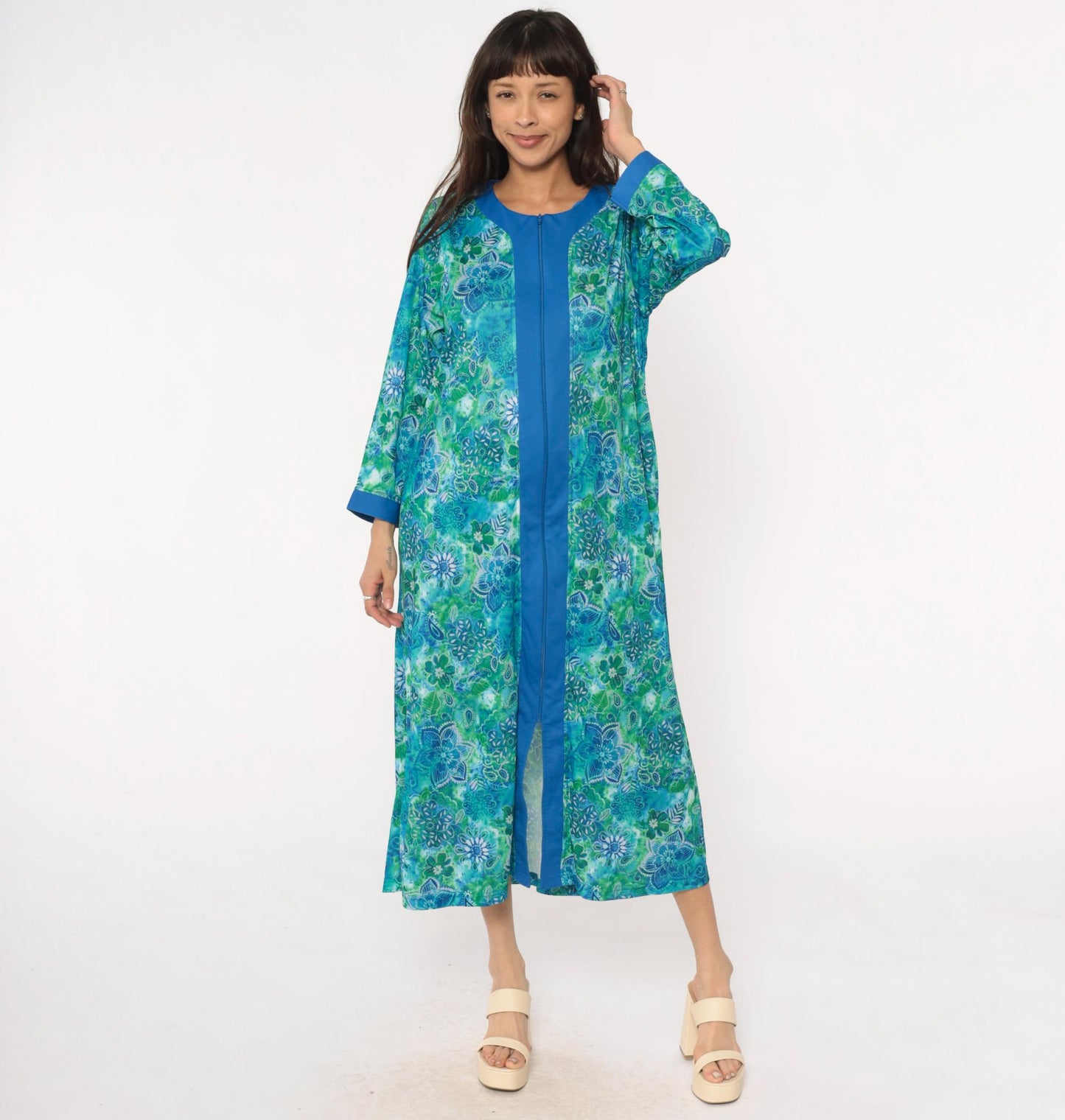 90s Botanical Print Maxi Robe Blue Green Zip Front Long Sleeve Medium M