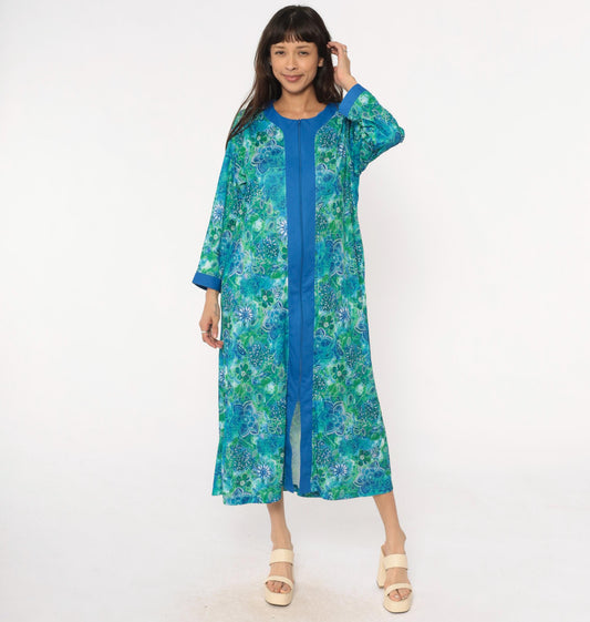 90s Botanical Print Maxi Robe Blue Green Zip Front Long Sleeve Medium M