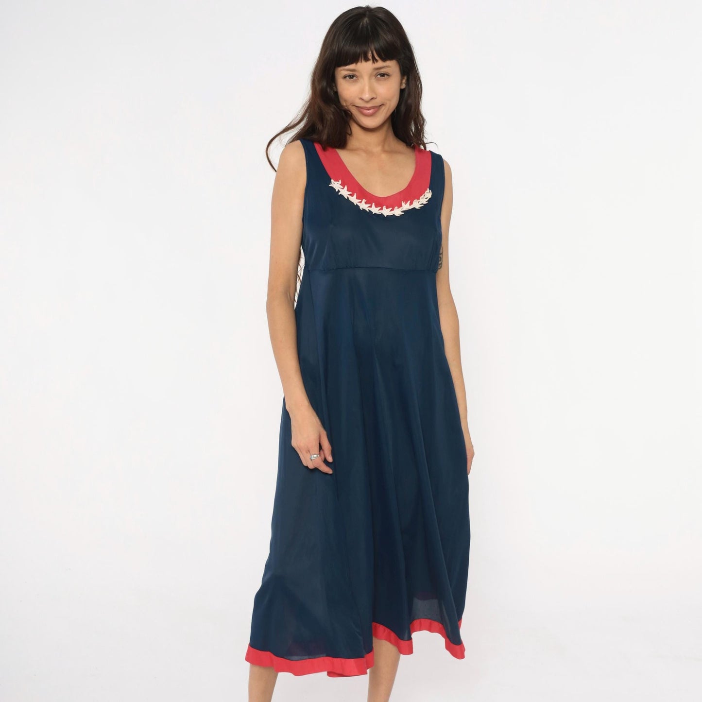 70s Navy Maxi Dress Stars Embroidered Red Trim Empire Waist Medium