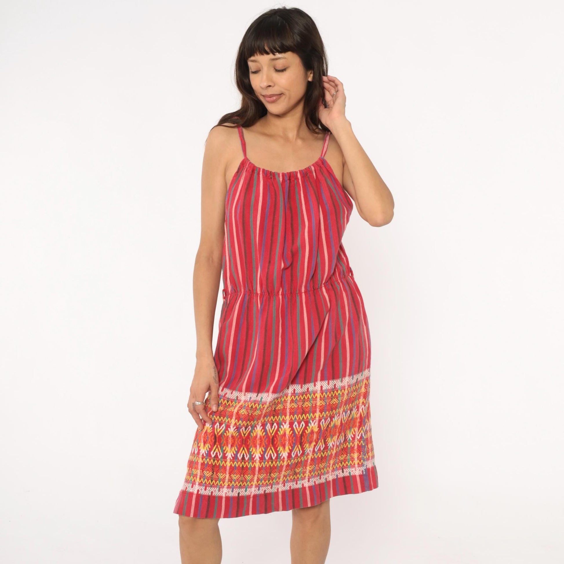 90s Red Striped Cotton Sundress Tribal Ikat Border Tie Strap Large