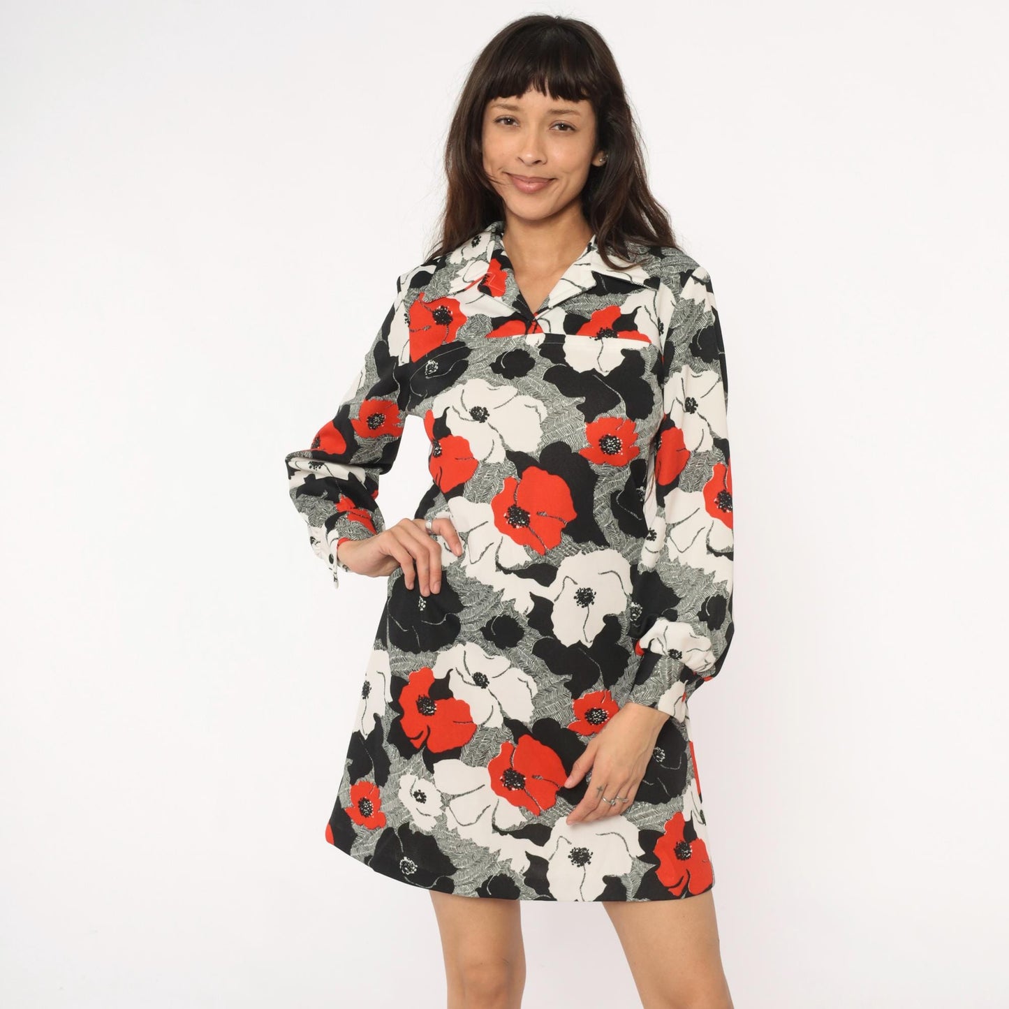 70s Floral Shift Dress Red Black White Poppy Print Collared Long Sleeve Large L