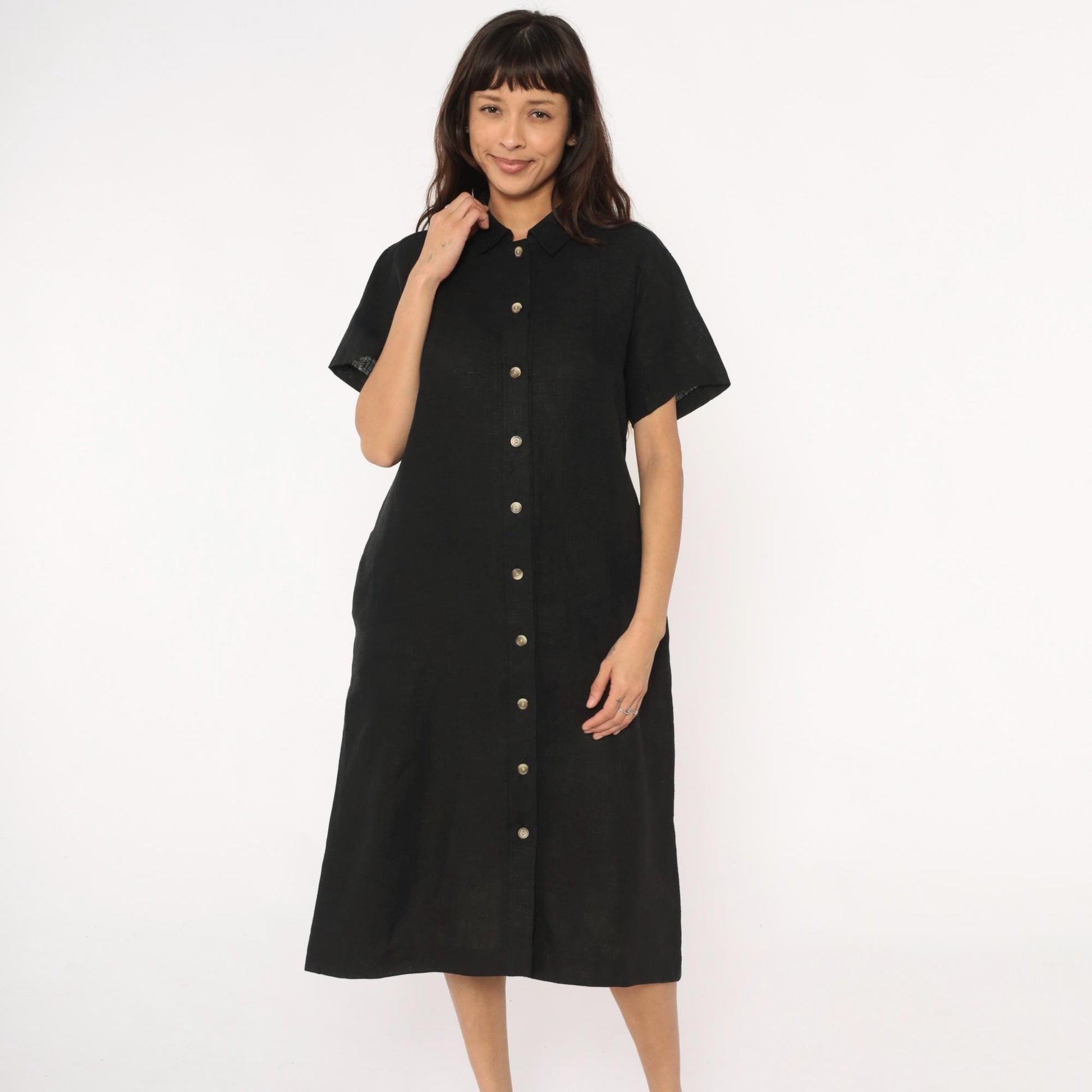 90s Harve Benard Black Linen Midi Shirt Dress Button Front Collar Large L