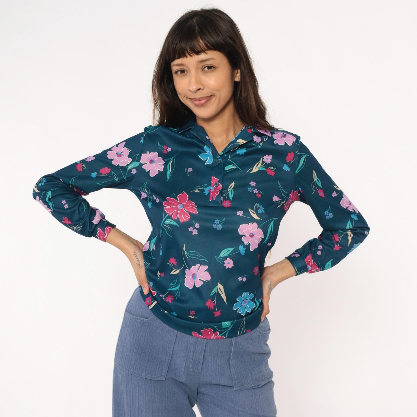 80s Teal Floral Blouse Navy Pink Purple Flowers Long Sleeve Button Up Medium
